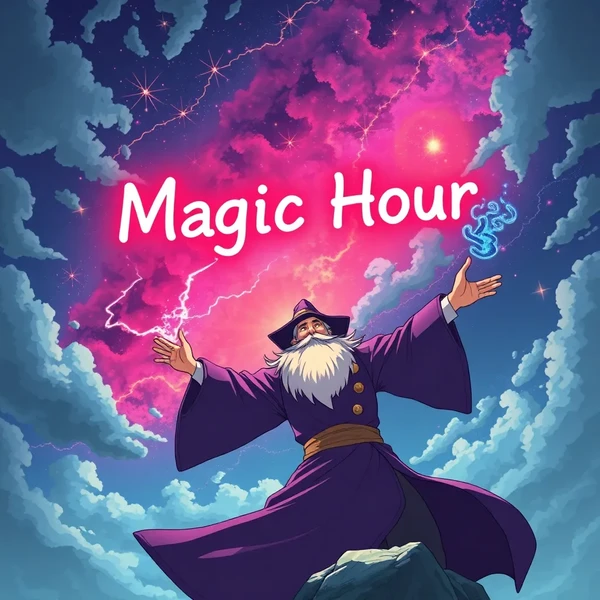 Epic anime art of wizard casting a cosmic spell in the sky that says "Magic Hour"